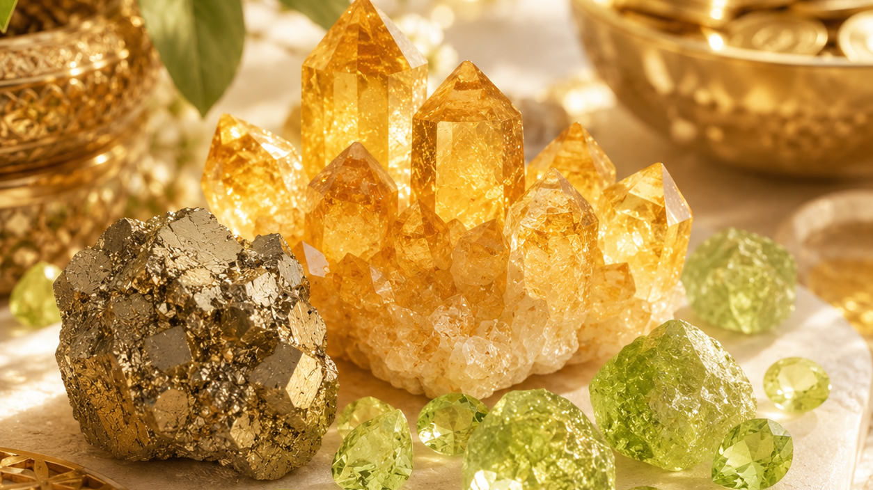 Good Fortune with Lucky Crystals–Citrine,Pyrite,Peridot Shine Purity