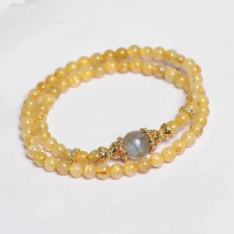 Natural Golden Rutilated Quartz and Grey Moonstone Bracelet