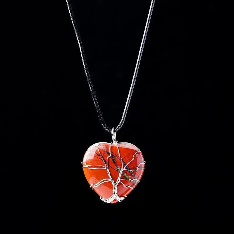 Tree of Life Wire-Wrapped Heart-Shaped Crystal Pendant Necklace - Shinepurity
