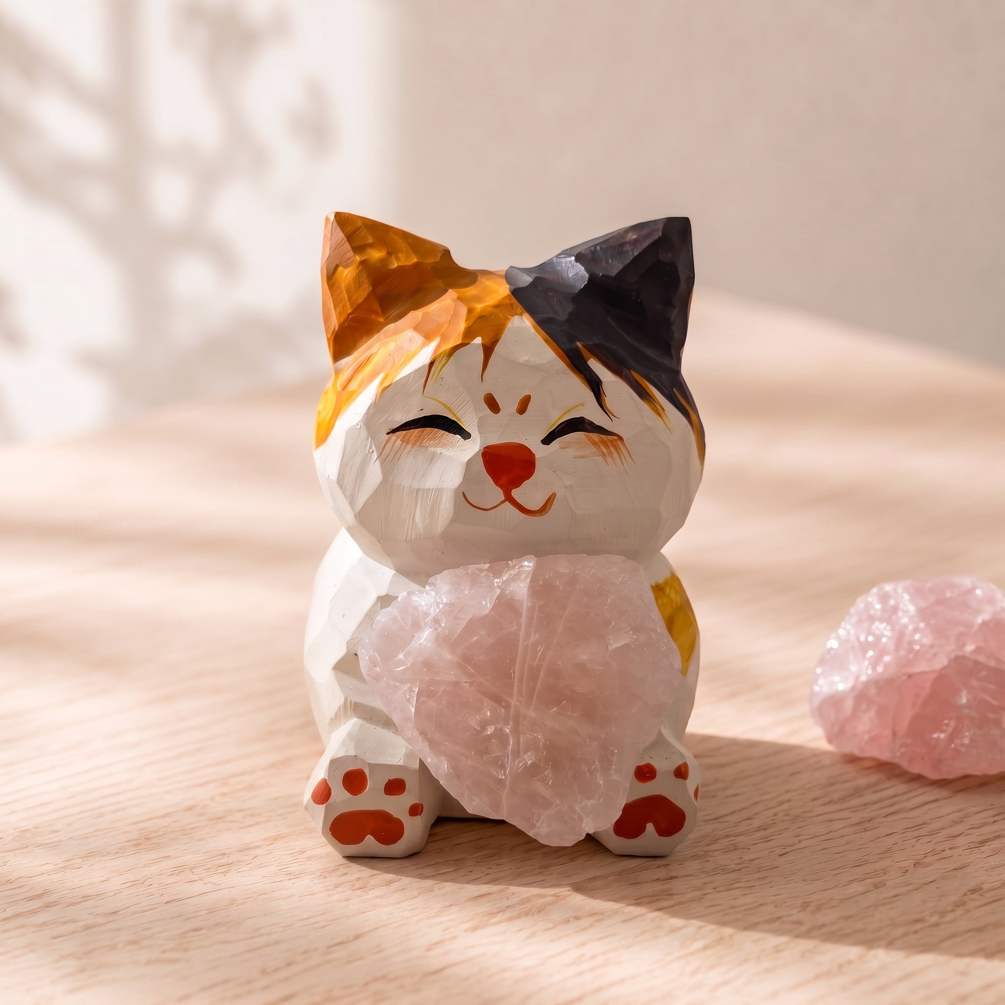 Hand-Carved Wooden Cat with Rose Quartz Crystal Decor Shinepurity