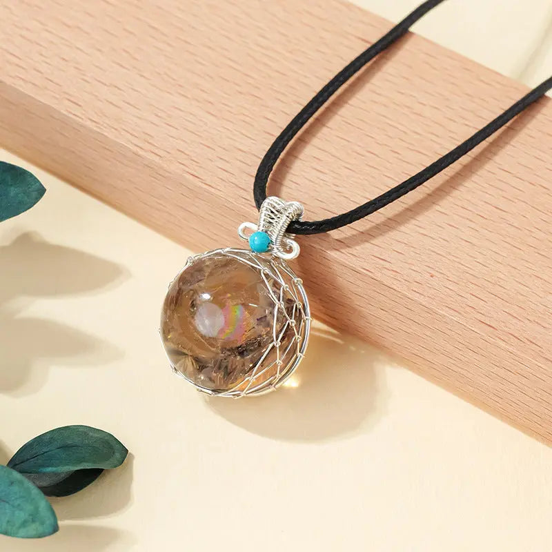 sestelavon Natural Fission Rainbow Crystal Ball Wire-Wrapped Pendant Necklace Shinepurity