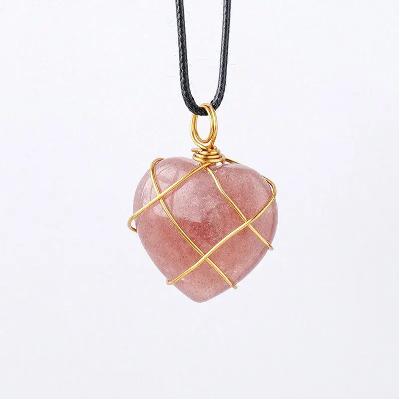 Gold-Wrapped Wire Heart-Shaped Crystal Pendant Necklace - Shinepurity