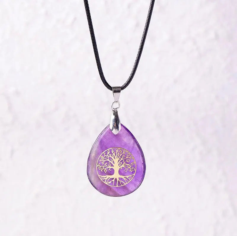 Natural Crystal Raw Teardrop Tree of Life Energy Pendant Necklace - Shinepurity