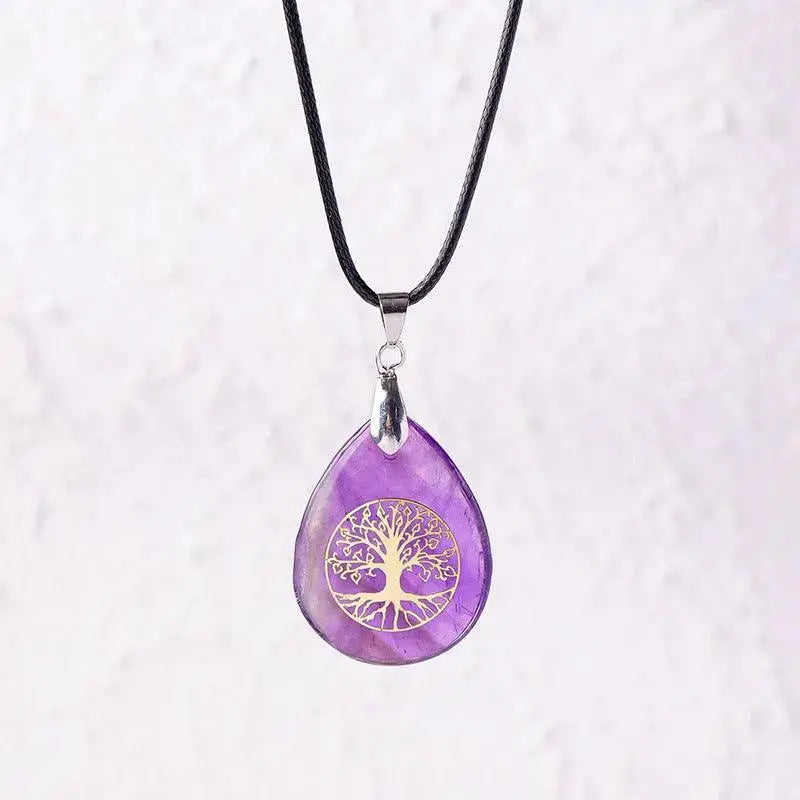 Natural Crystal Raw Teardrop Tree of Life Energy Pendant Necklace - Shinepurity