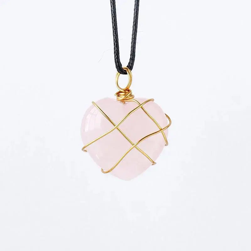Gold-Wrapped Wire Heart-Shaped Crystal Pendant Necklace - Shinepurity