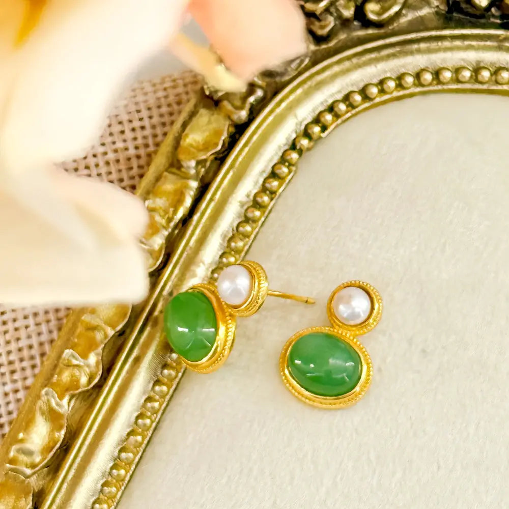 Handmade Elegant Green Jasper Pearl Stud Earrings Shinepurity