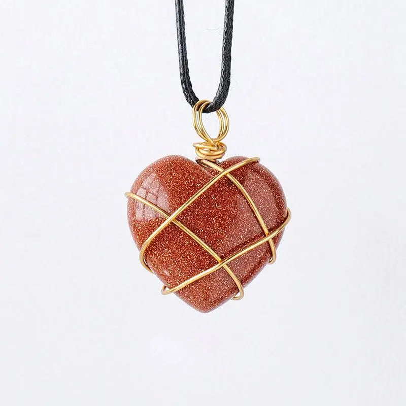 Gold-Wrapped Wire Heart-Shaped Crystal Pendant Necklace - Shinepurity