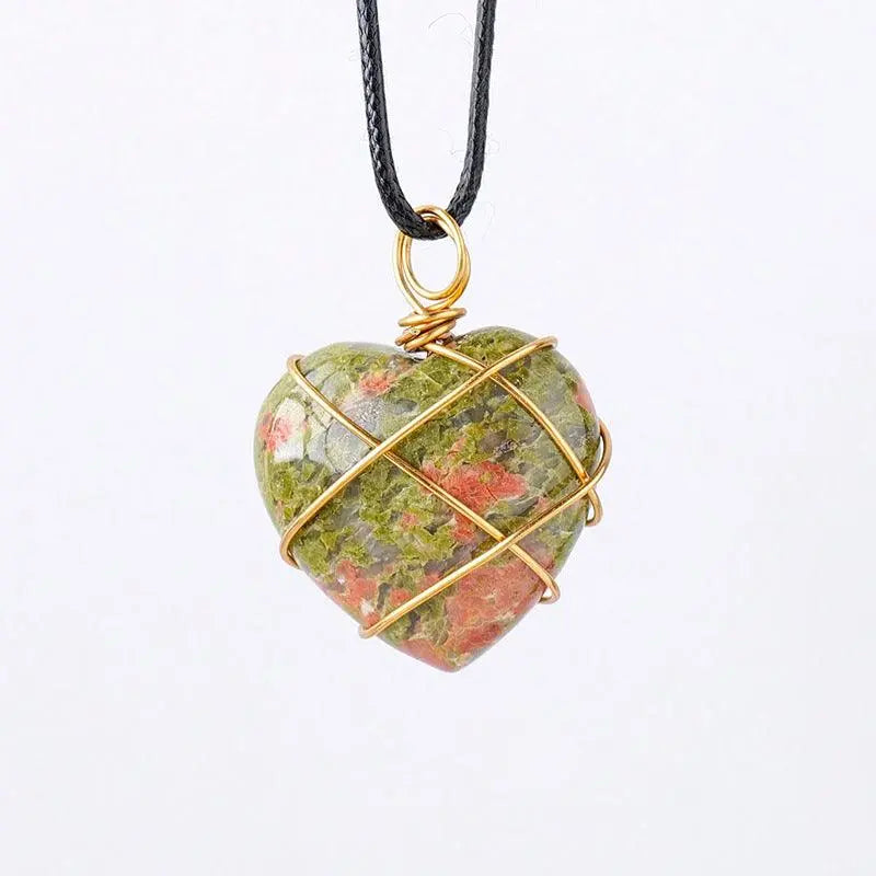 Gold-Wrapped Wire Heart-Shaped Crystal Pendant Necklace - Shinepurity