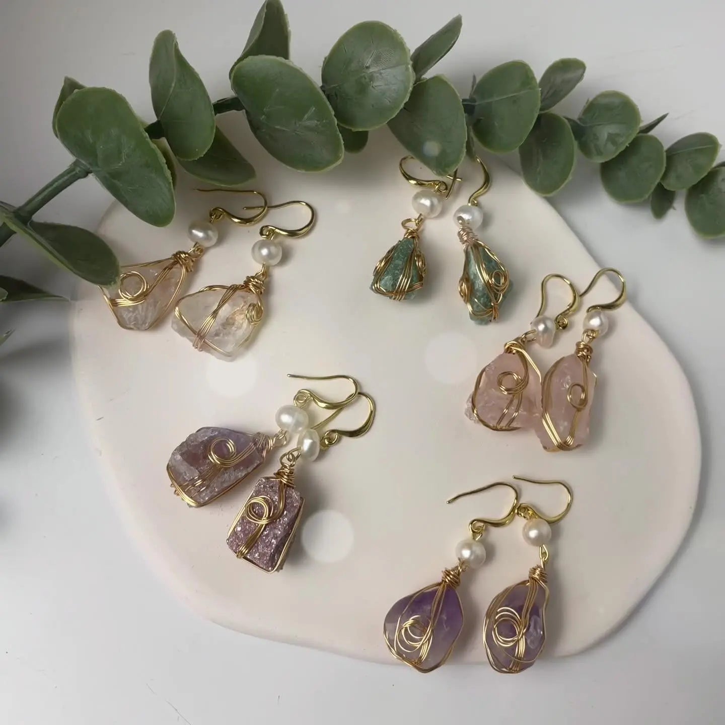 Irregular Geometric Wire-Wrapped Natural Crystal Stone with Freshwater Pearl Earrings - Shinepurity