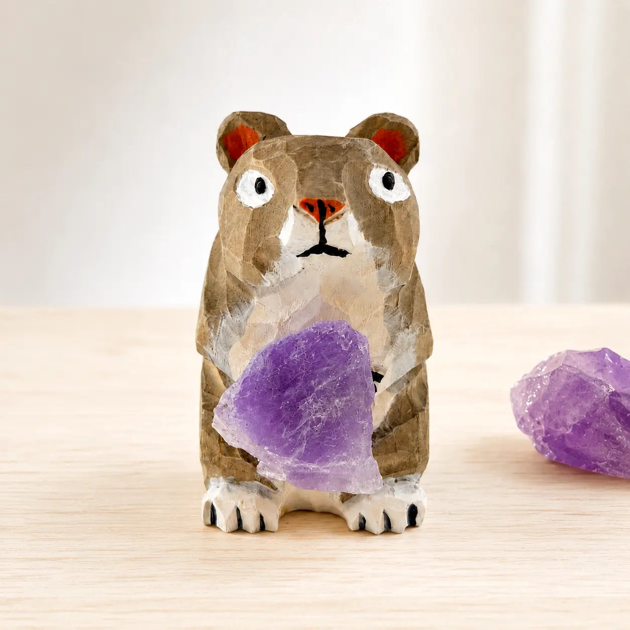Hand-Carved Wooden Hamster Amethyst Crystal Desk Decor Shinepurity