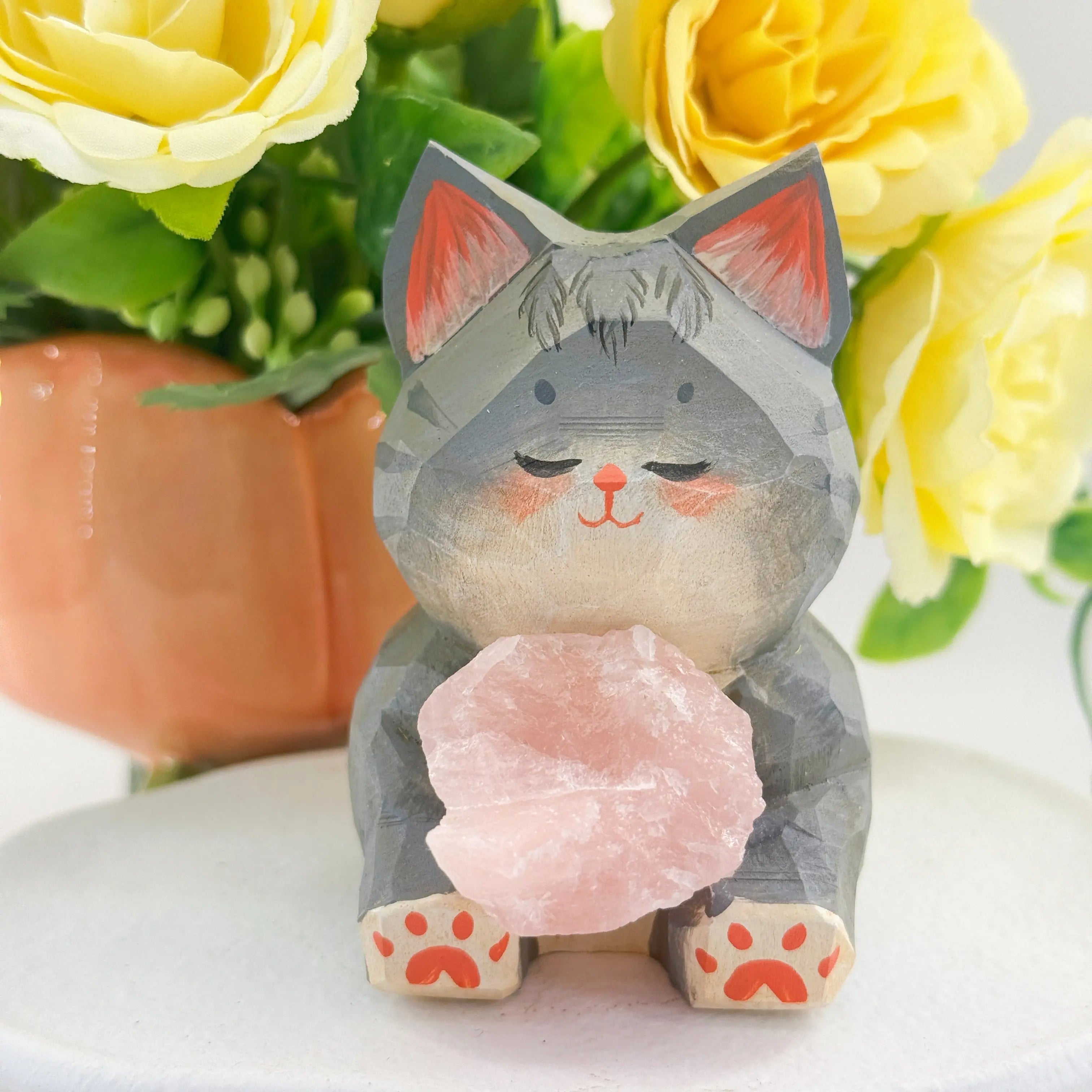 Hand-Carved Wooden Cat Holding Rose Quartz Shinepurity