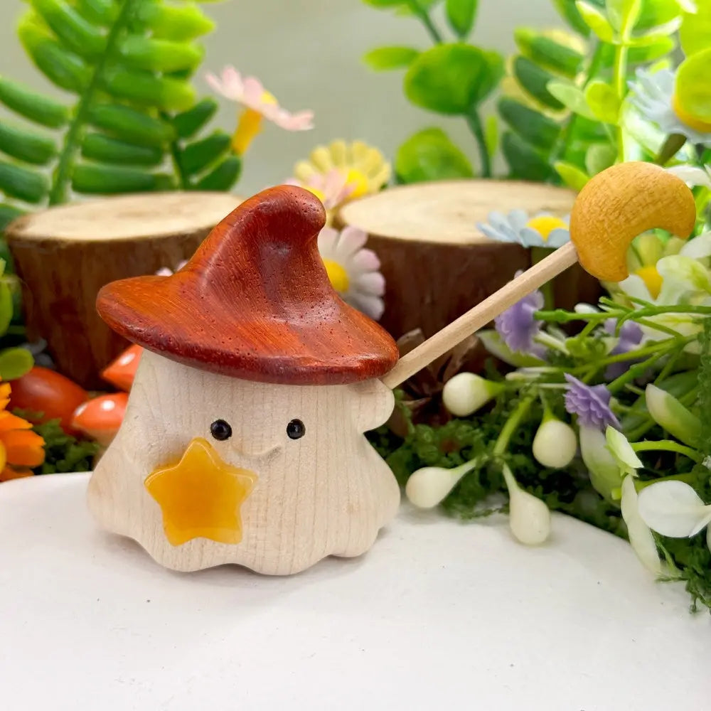 A Warm Lucky Star Citrine Wooden Elf Figurine Shinepurity