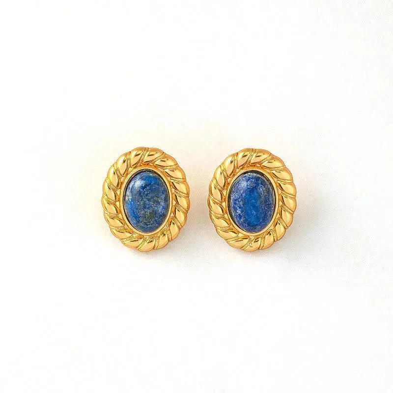 Vintage Oval-shaped Natural Lapis Lazuli Ear Studs - Shinepurity