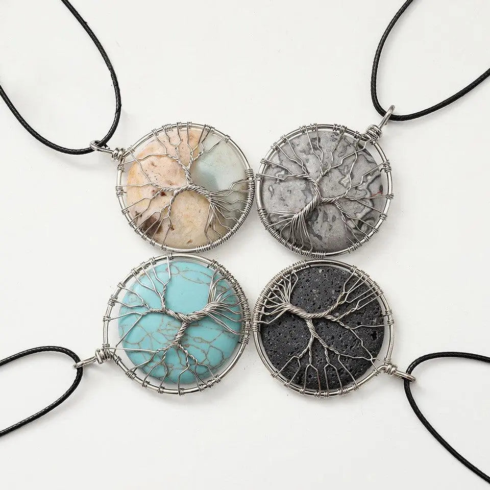 Tree of Life Wire-Wrapped Natural Raw Stone Pendant Necklace - Shinepurity