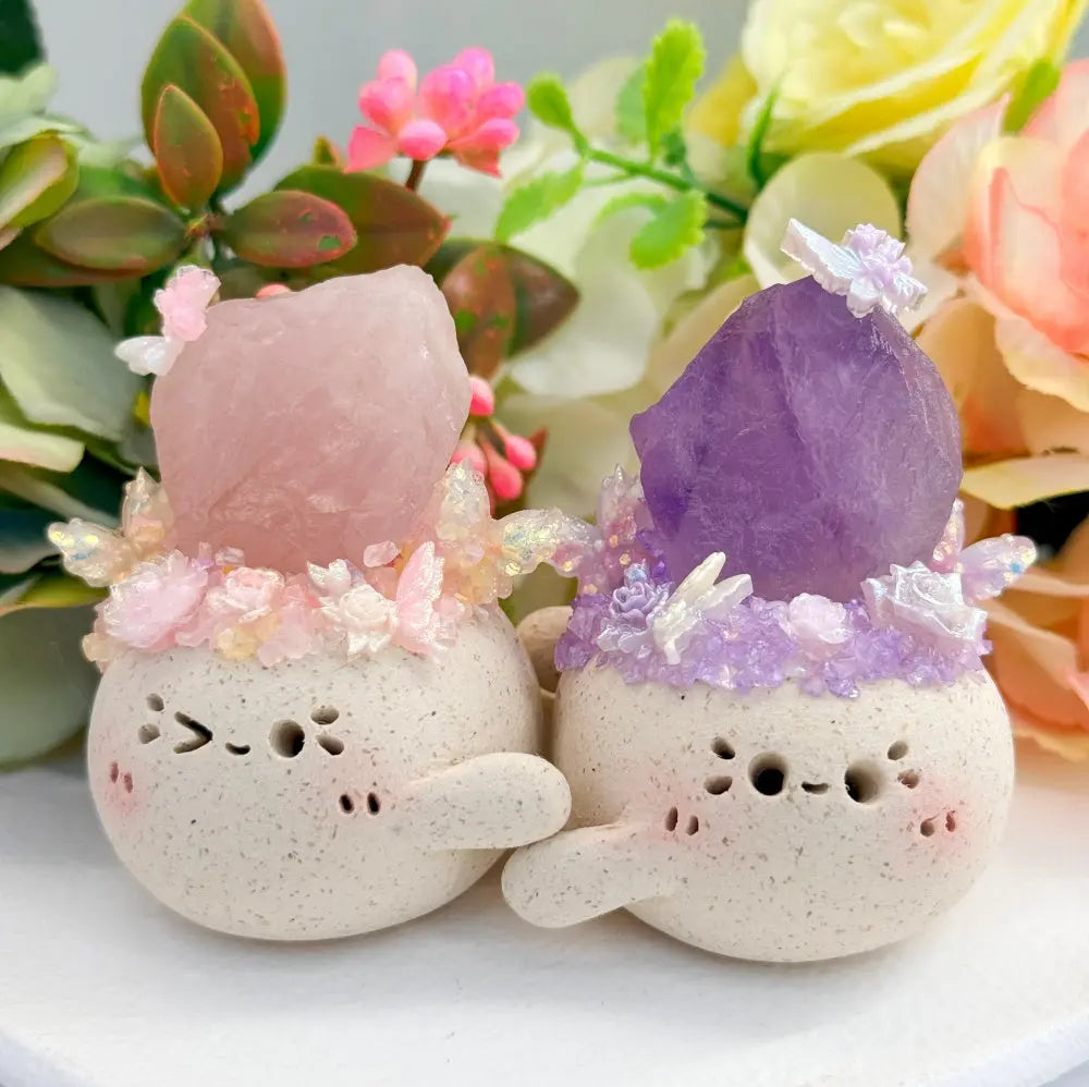 Customize | Healing Hugs Handcrafted Clay Pet with Raw Rose Quartz & Amethyst Shinepurity
