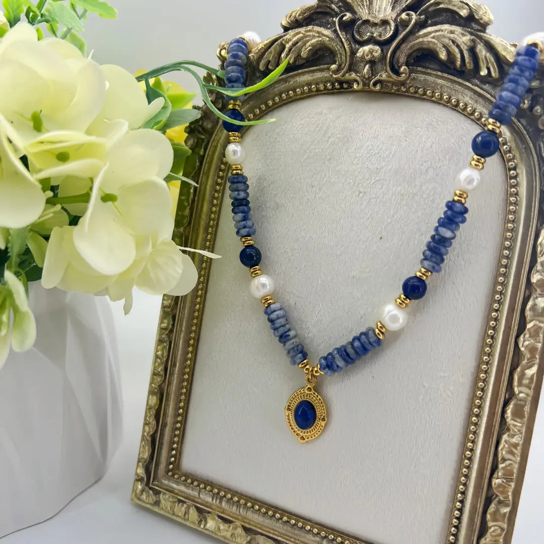 Freshwater Pearl & Lapis Lazuli Vintage Pendant Necklace Shinepurity