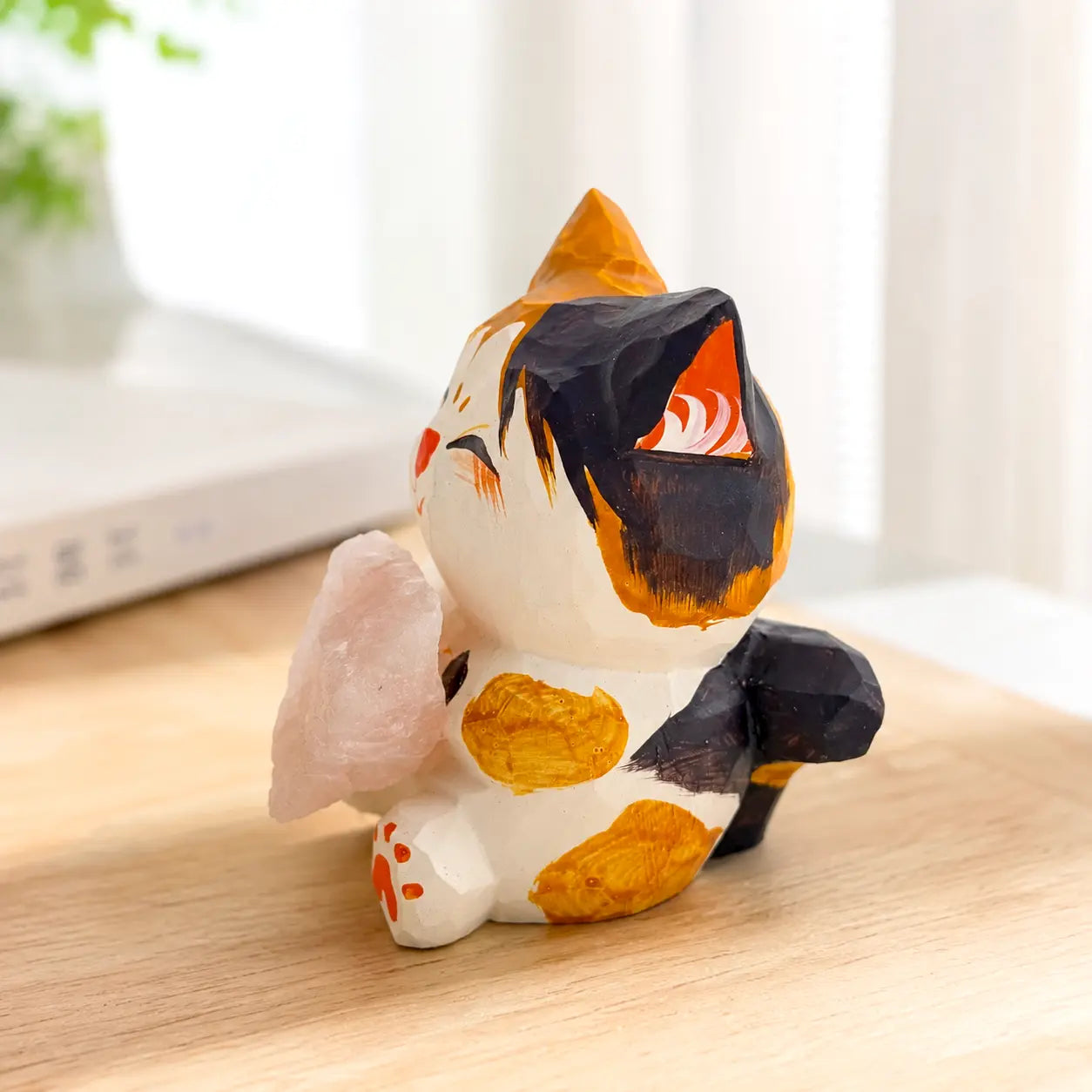 Hand-Carved Wooden Cat with Rose Quartz Crystal Decor Shinepurity