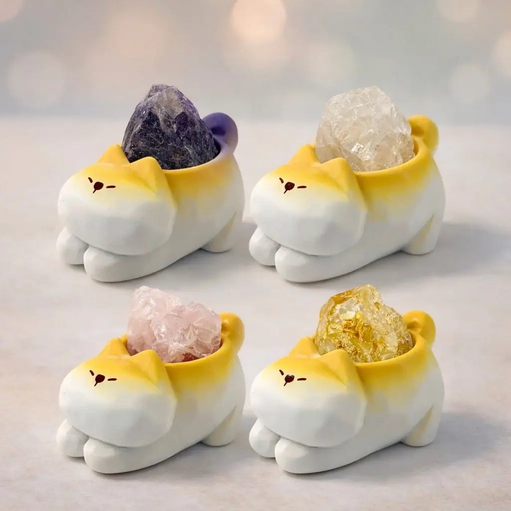 Crystal Puppy Desk Decor Set - Resin Yoga Stretch Dog with Natural Raw Crystals Shinepurity