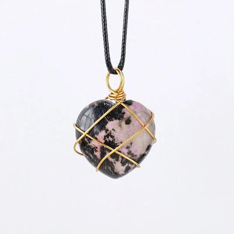 Gold-Wrapped Wire Heart-Shaped Crystal Pendant Necklace - Shinepurity