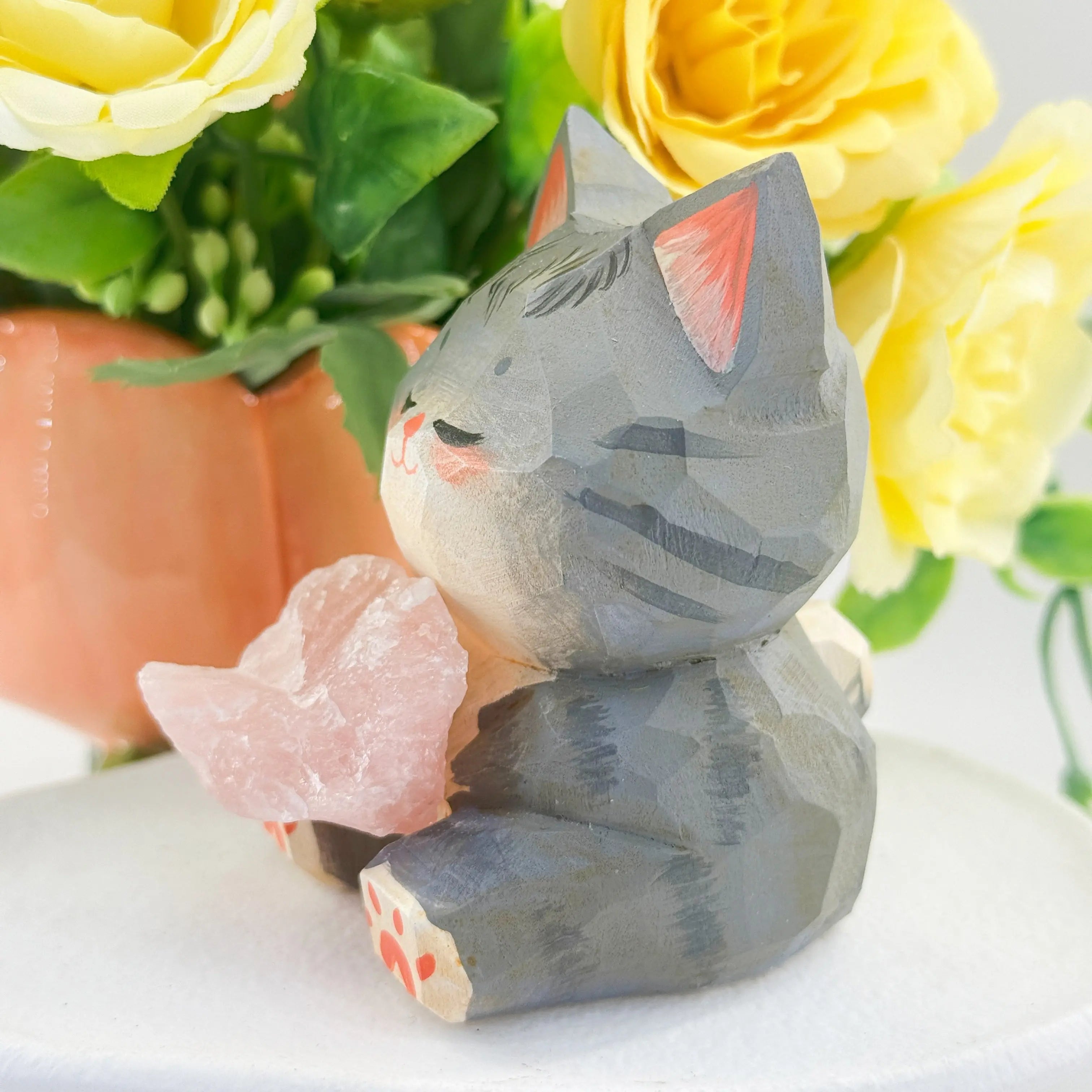 Hand-Carved Wooden Cat Holding Rose Quartz Shinepurity
