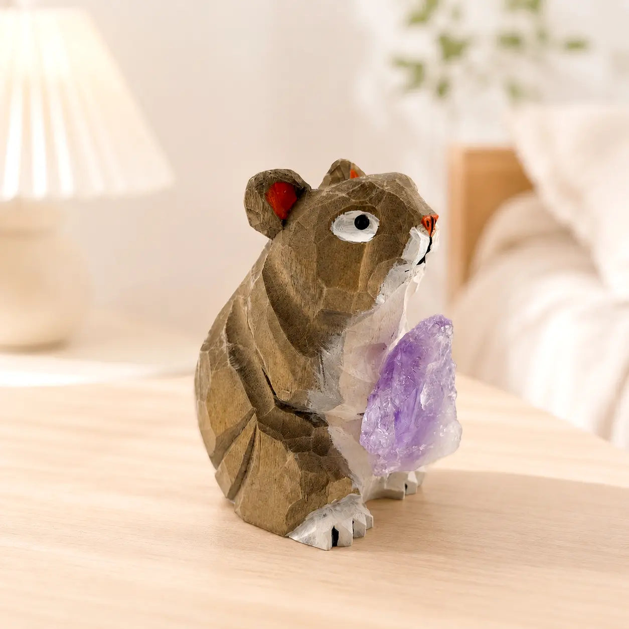 Hand-Carved Wooden Hamster Amethyst Crystal Desk Decor Shinepurity