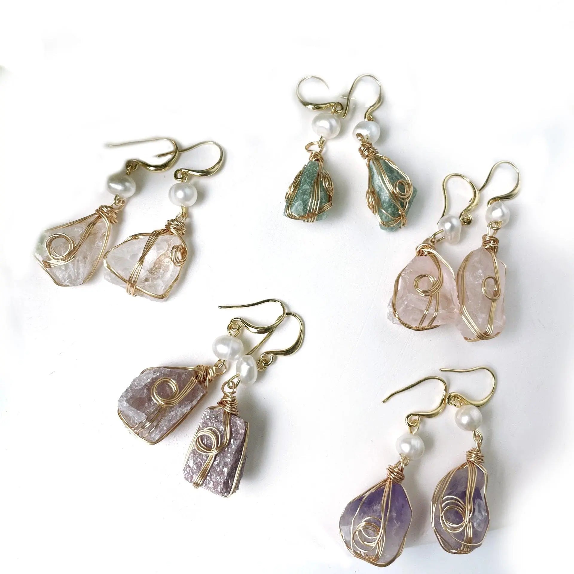 Irregular Geometric Wire-Wrapped Natural Crystal Stone with Freshwater Pearl Earrings - Shinepurity