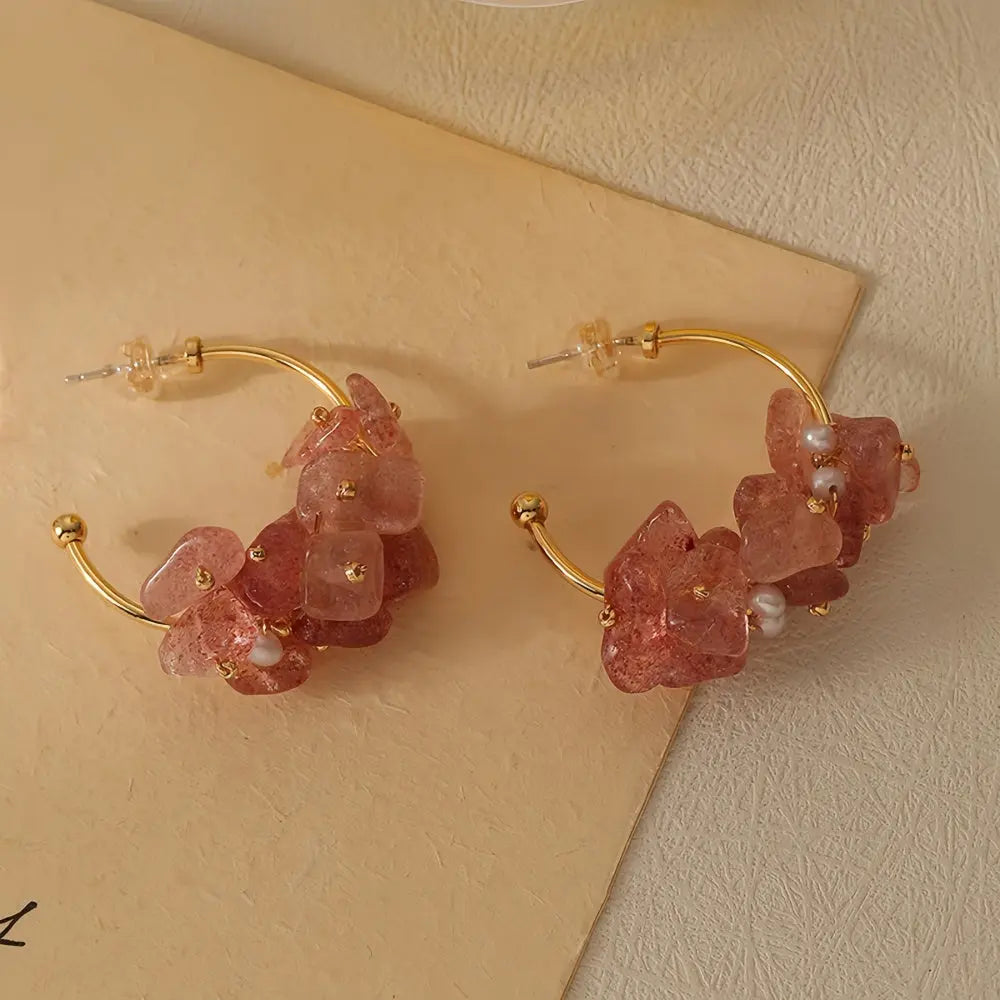 Summer Sweetness Handcrafted Strawberry Quartz and Freshwater Pearl C-Shaped Earrings Shinepurity