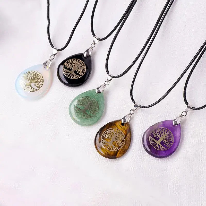 Natural Crystal Raw Teardrop Tree of Life Energy Pendant Necklace - Shinepurity
