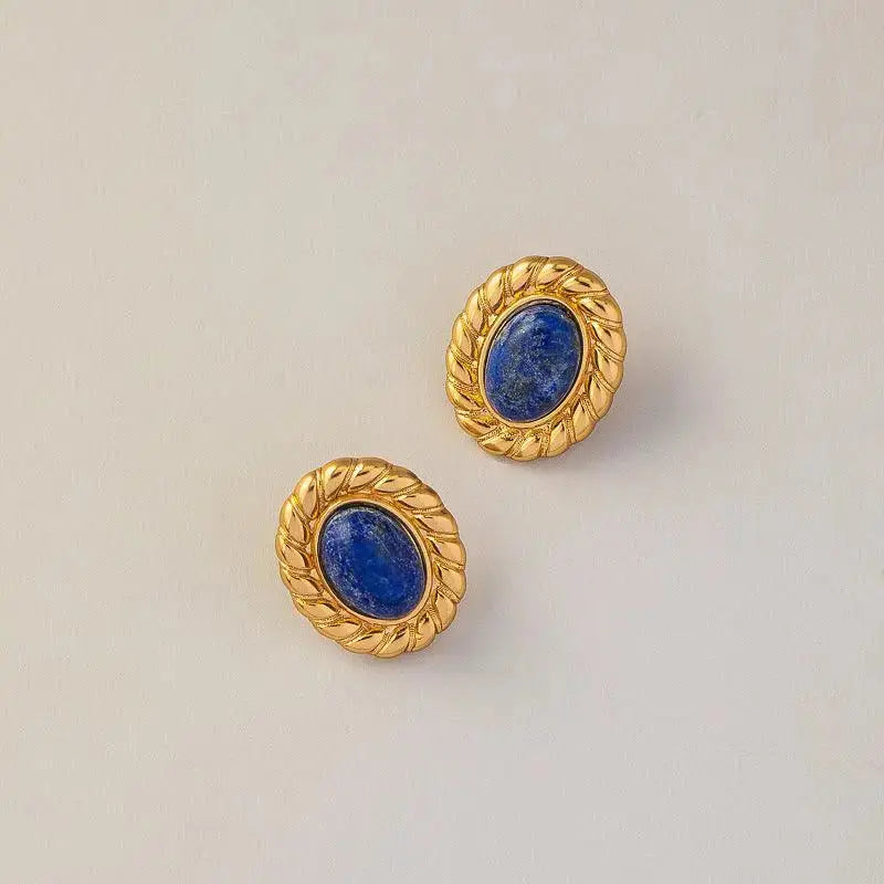 Vintage Oval-shaped Natural Lapis Lazuli Ear Studs - Shinepurity