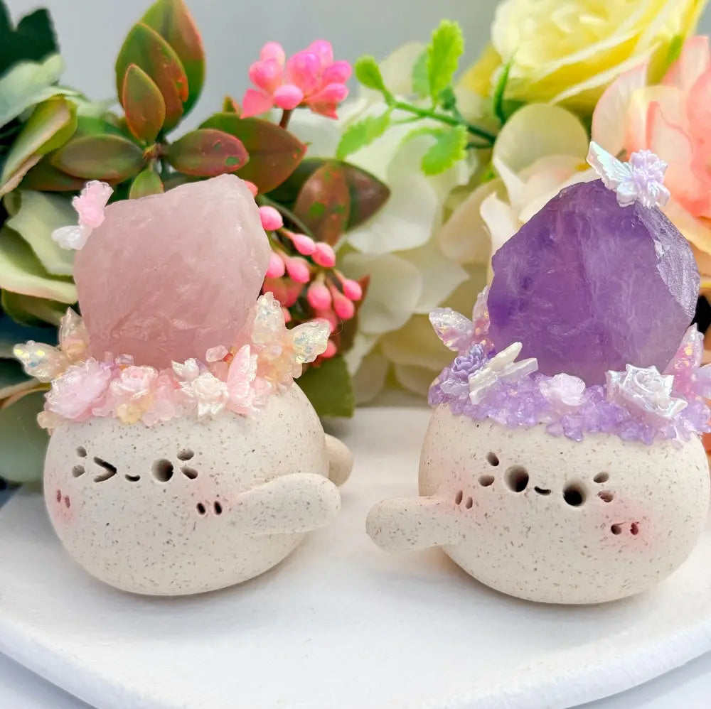 Customize | Healing Hugs Handcrafted Clay Pet with Raw Rose Quartz & Amethyst Shinepurity