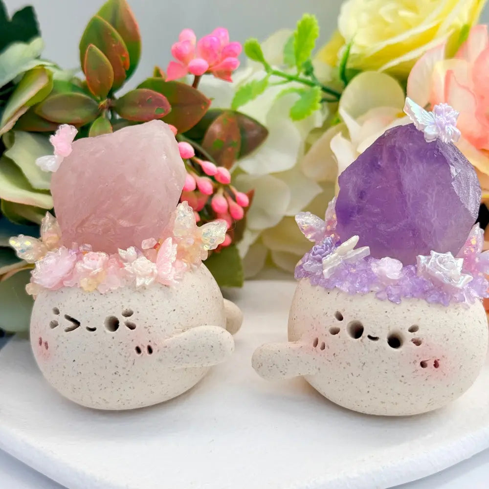 Customize | Healing Hugs Handcrafted Clay Pet with Raw Rose Quartz & Amethyst Shinepurity