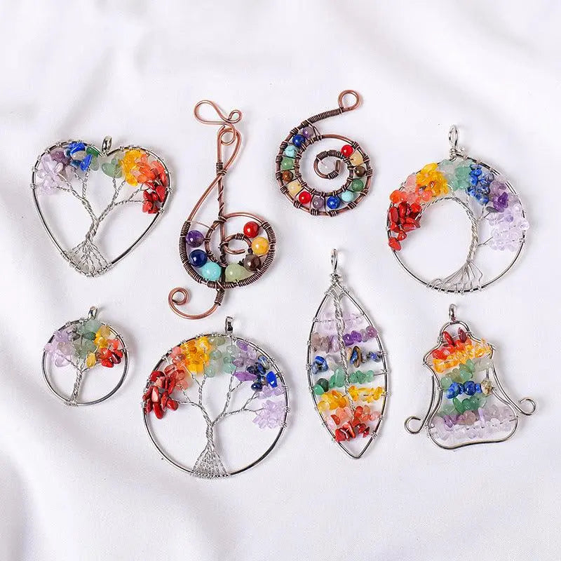 Multicolor Gravel Tree of Life Handmade Wire-Wrapped Pendant Necklace - Shinepurity