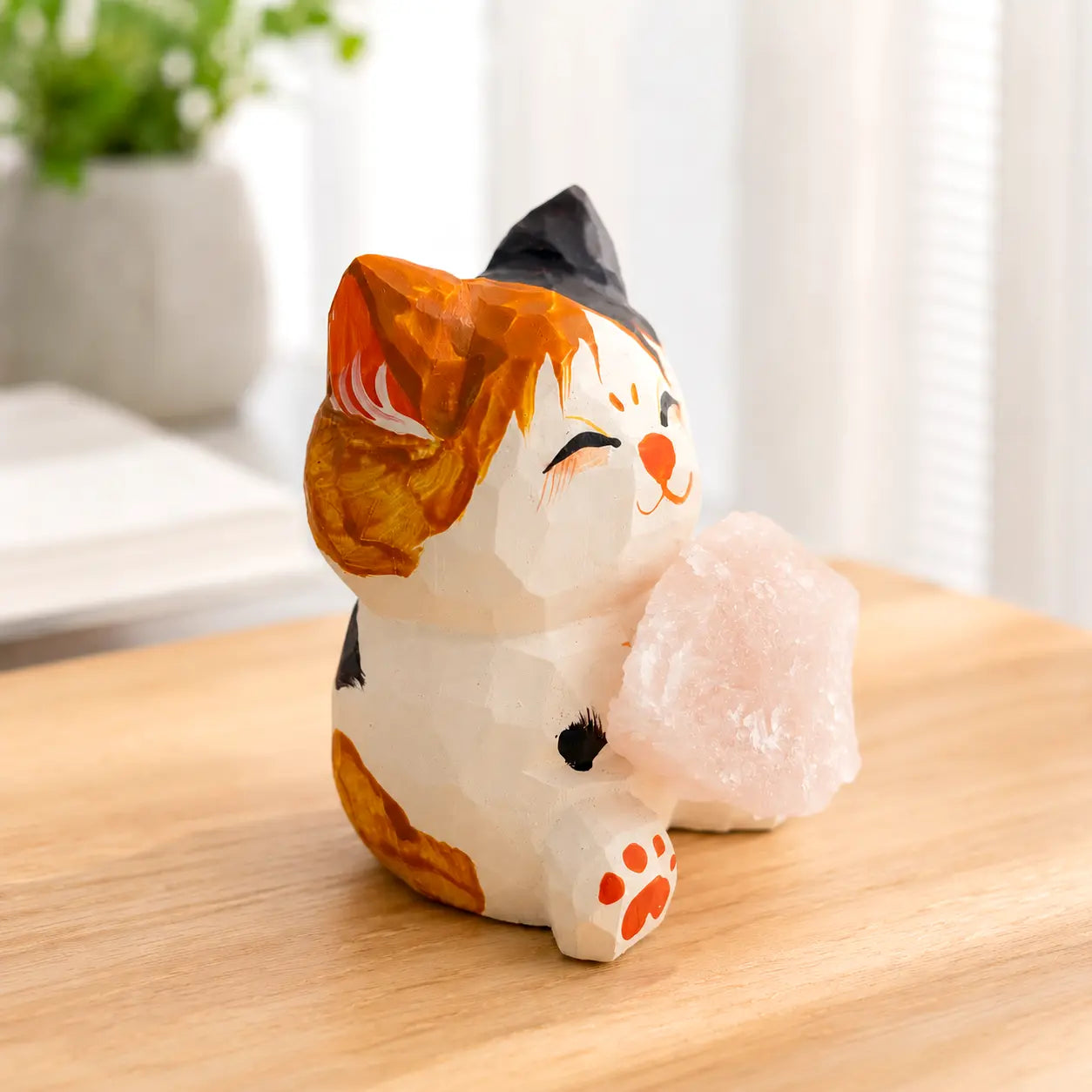 Hand-Carved Wooden Cat with Rose Quartz Crystal Decor Shinepurity