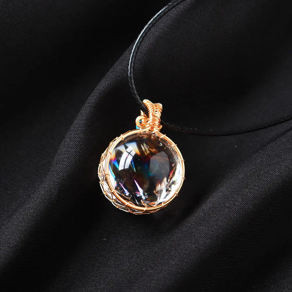 sestelavon Natural Fission Rainbow Crystal Ball Wire-Wrapped Pendant Necklace Shinepurity