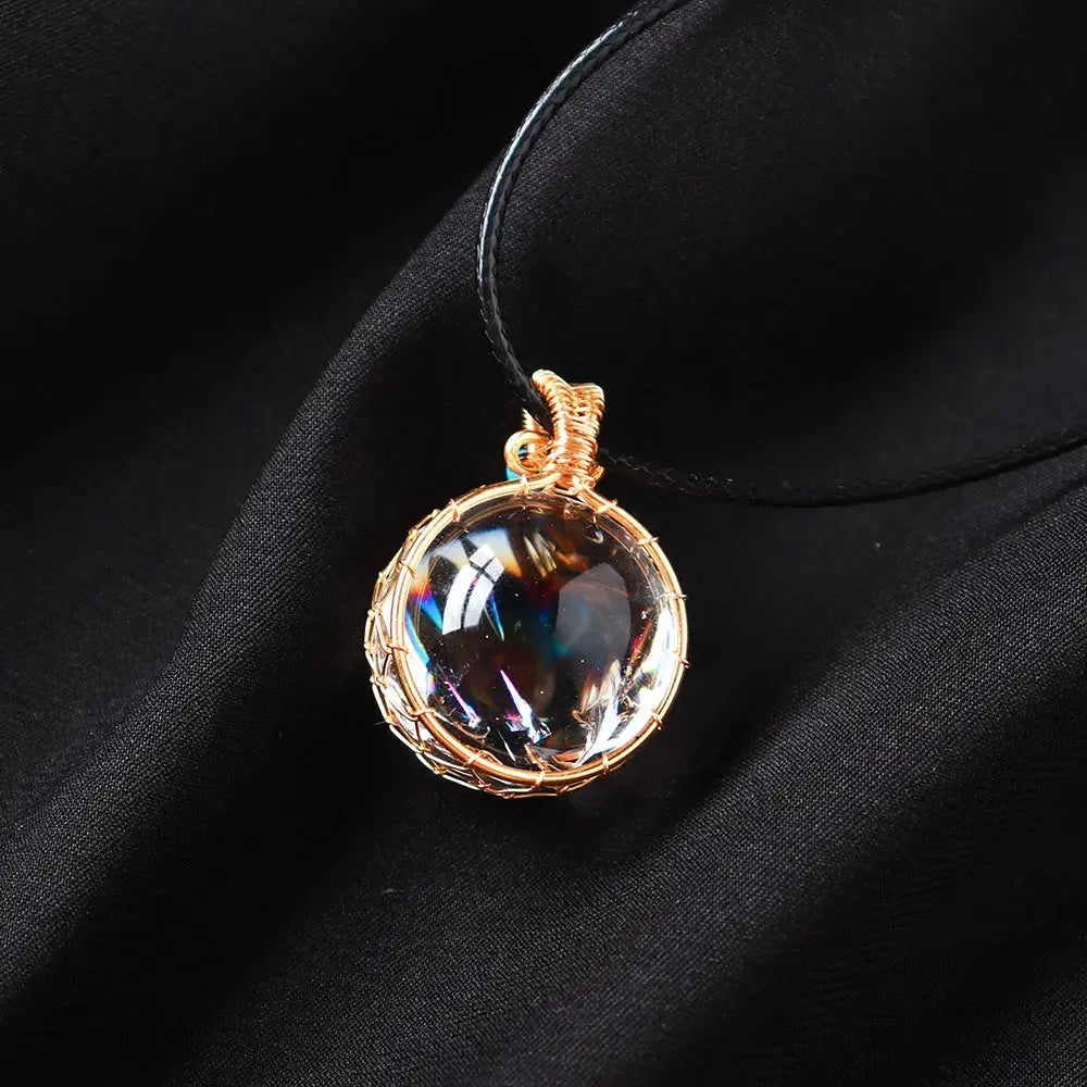 sestelavon Natural Fission Rainbow Crystal Ball Wire-Wrapped Pendant Necklace Shinepurity