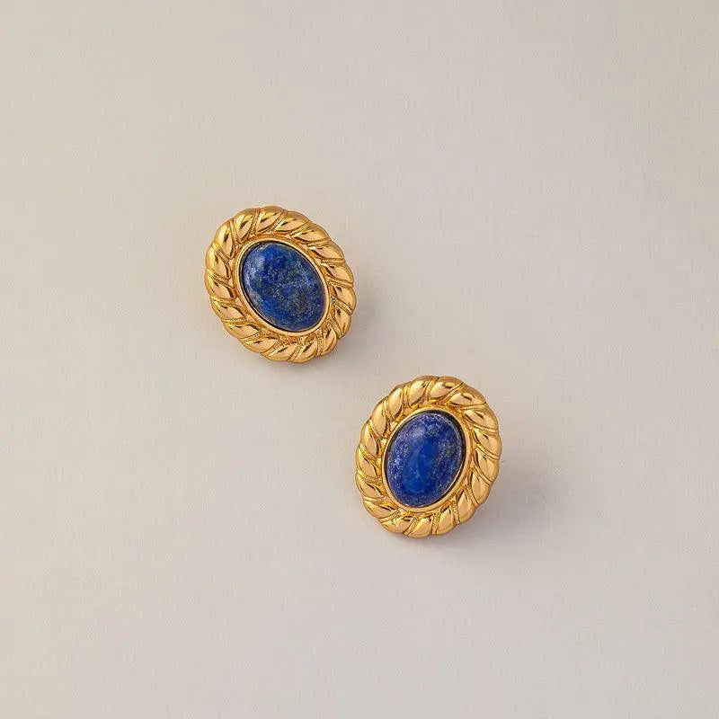 Vintage Oval-shaped Natural Lapis Lazuli Ear Studs - Shinepurity
