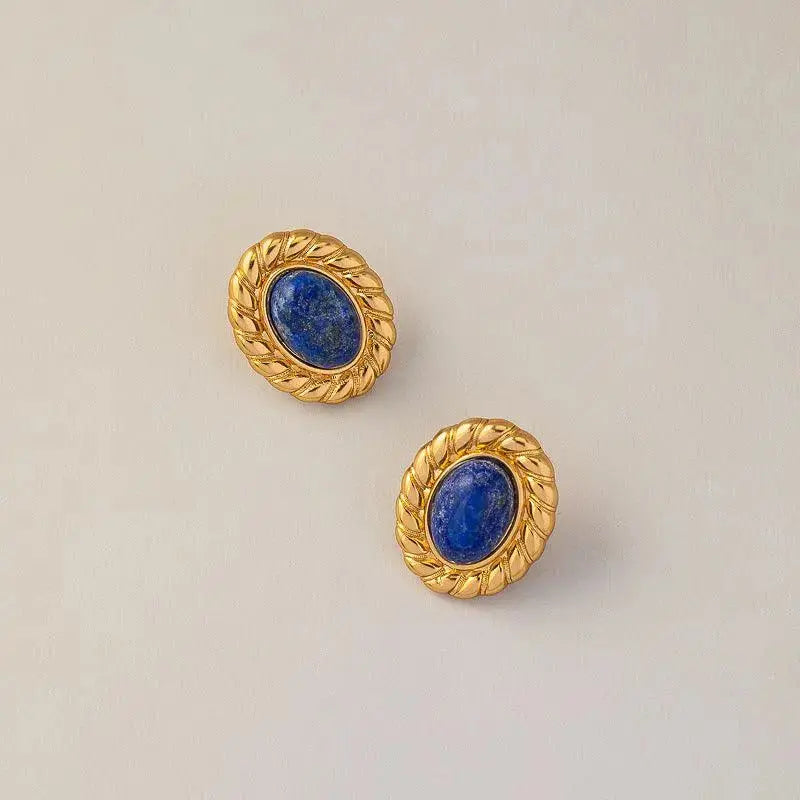 Vintage Oval-shaped Natural Lapis Lazuli Ear Studs - Shinepurity