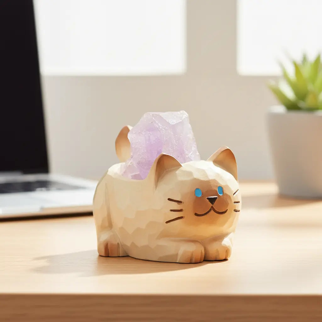 Crystal Cat Resin Decor -Resting Cat with Natural Crystal Shinepurity
