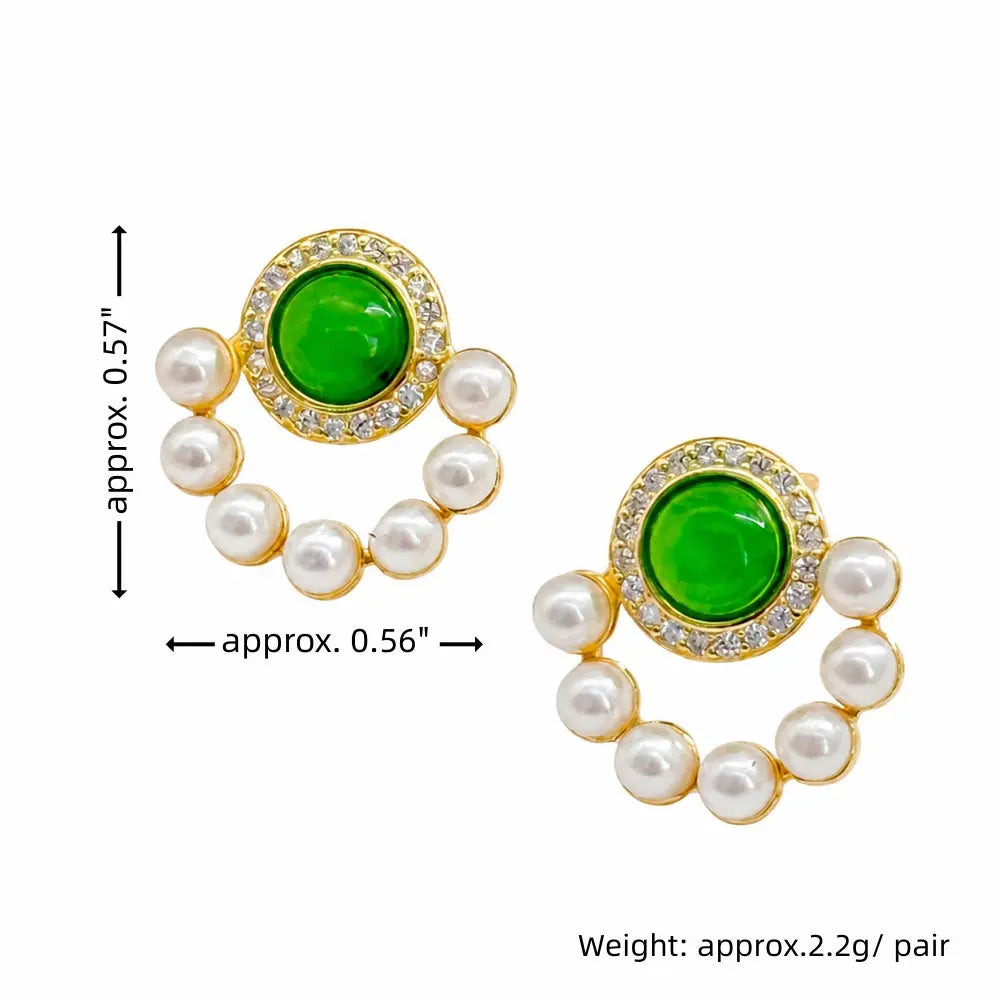 Handmade Elegant Vintage Pearl & Green Jasper Stud Earrings Shinepurity