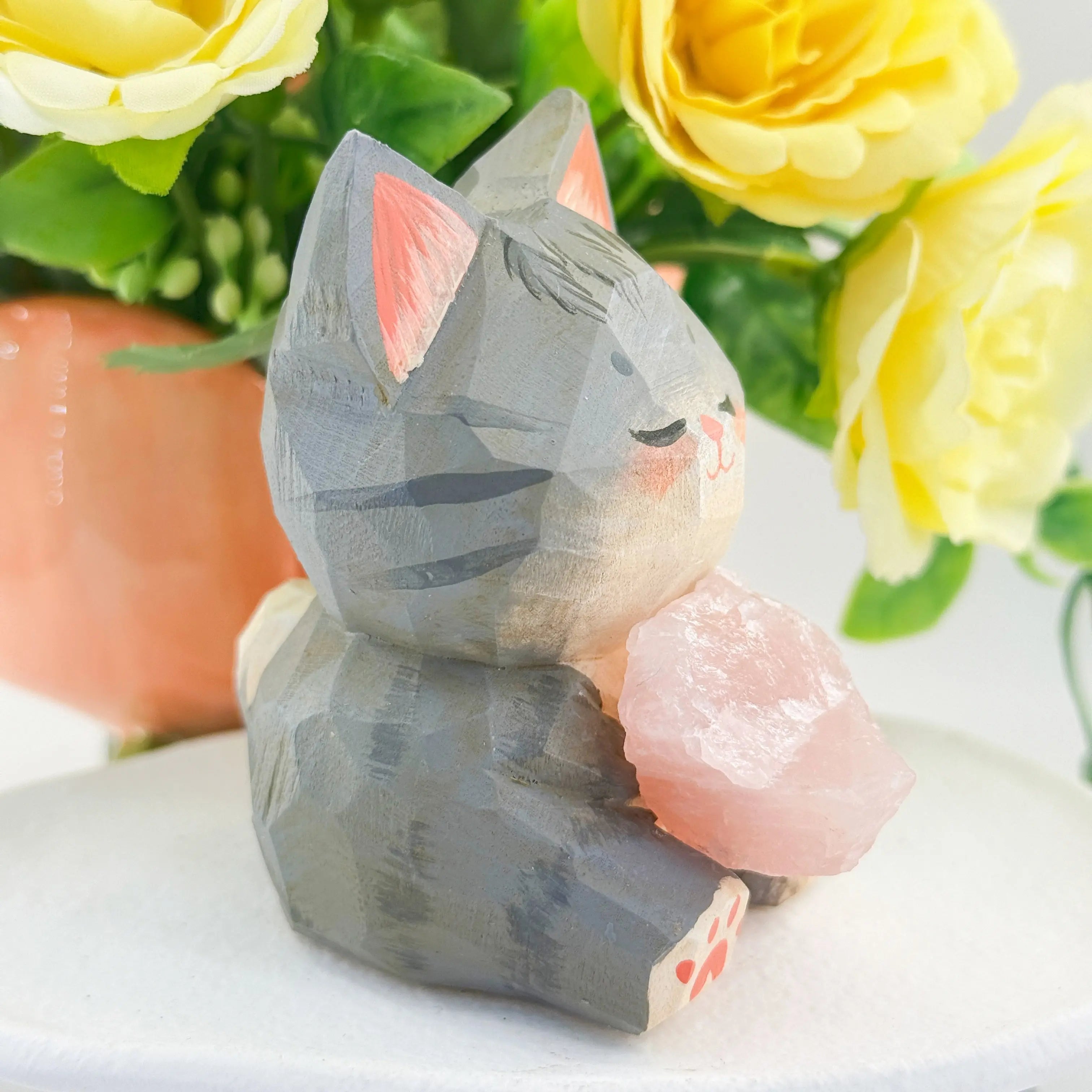 Hand-Carved Wooden Cat Holding Rose Quartz Shinepurity