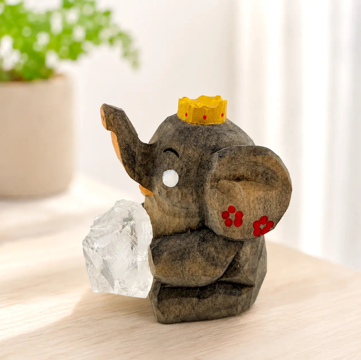 Crown Elephant with Clear Quartz Handmade Crystal Decor Shinepurity