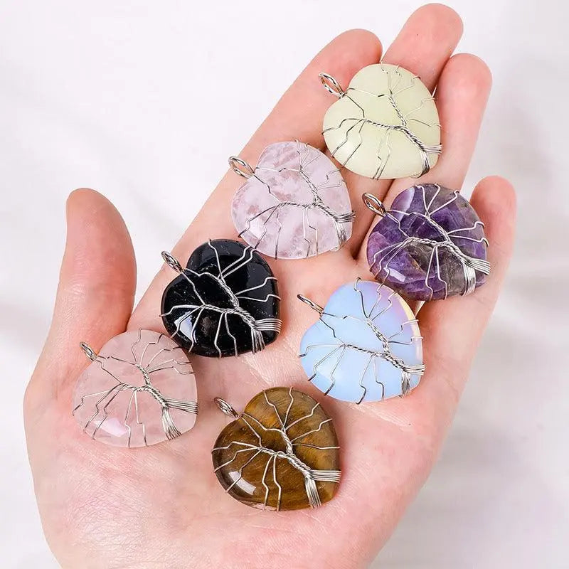 Tree of Life Wire-Wrapped Heart-Shaped Crystal Pendant Necklace - Shinepurity