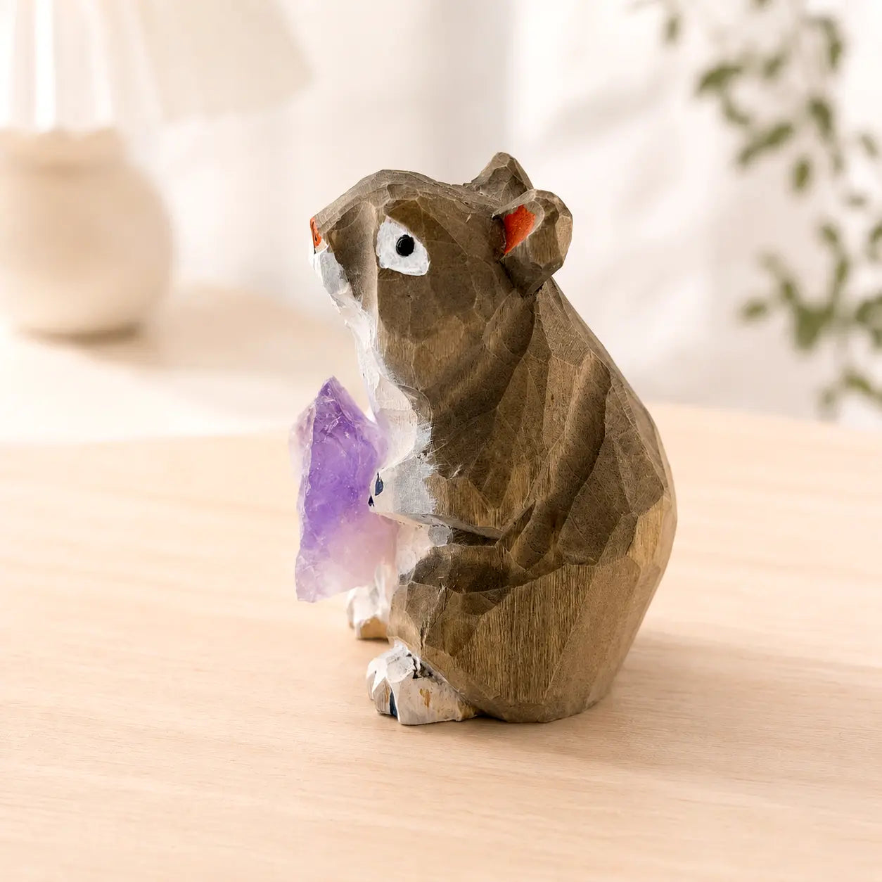 Hand-Carved Wooden Hamster Amethyst Crystal Desk Decor Shinepurity