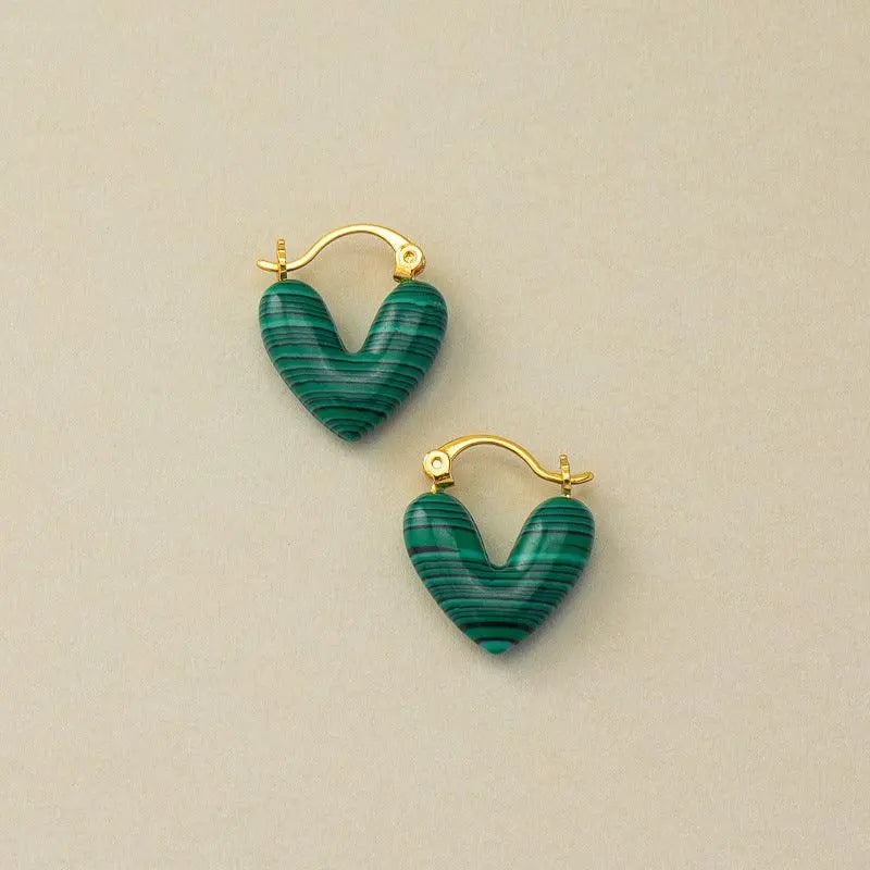High-End Luxe Heart-Shaped Malachite Ear Clip Earrings - Shinepurity