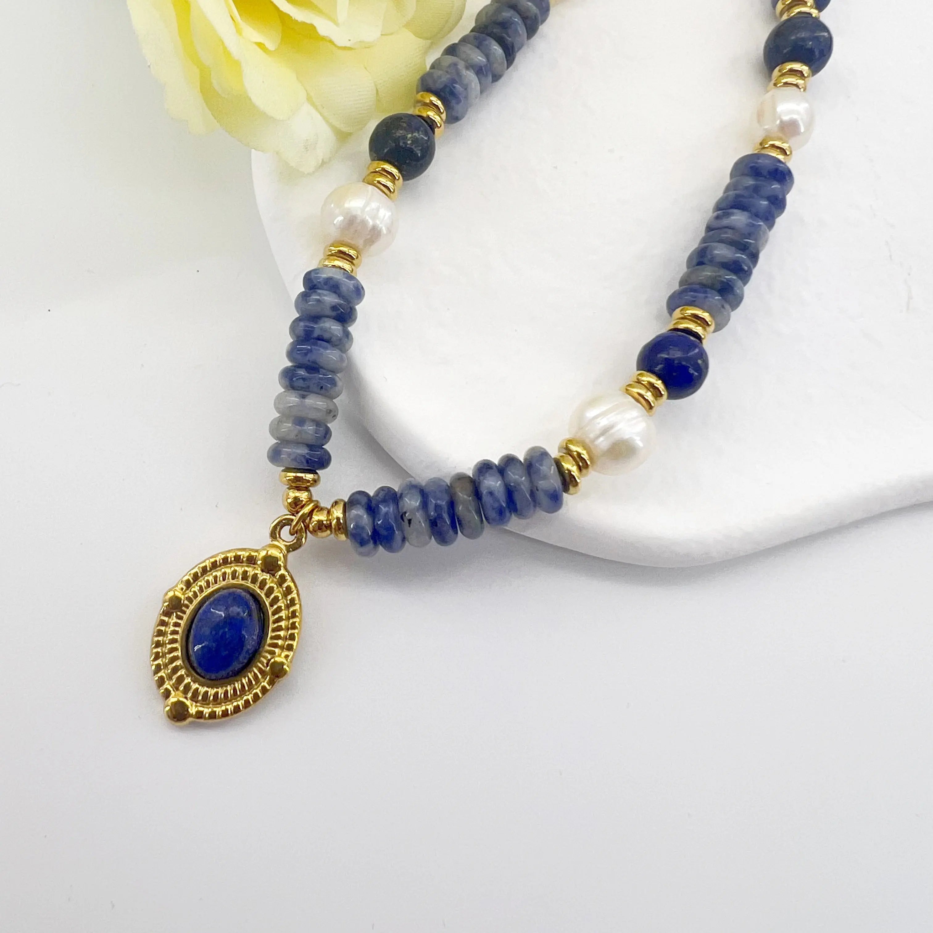 Freshwater Pearl & Lapis Lazuli Vintage Pendant Necklace Shinepurity