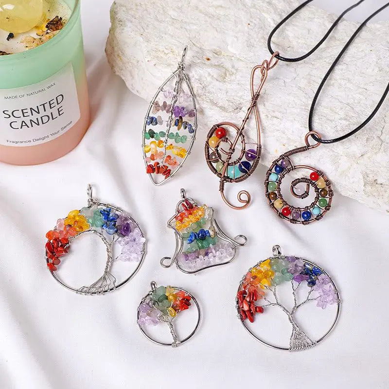 Multicolor Gravel Tree of Life Handmade Wire-Wrapped Pendant Necklace - Shinepurity