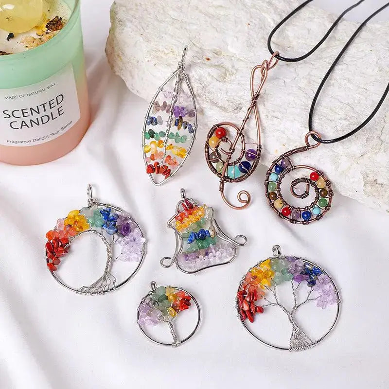 Multicolor Gravel Tree of Life Handmade Wire-Wrapped Pendant Necklace - Shinepurity