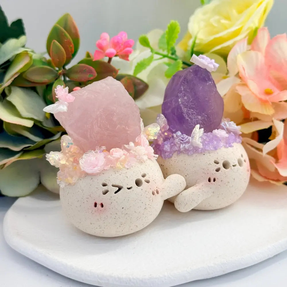 Customize | Healing Hugs Handcrafted Clay Pet with Raw Rose Quartz & Amethyst Shinepurity