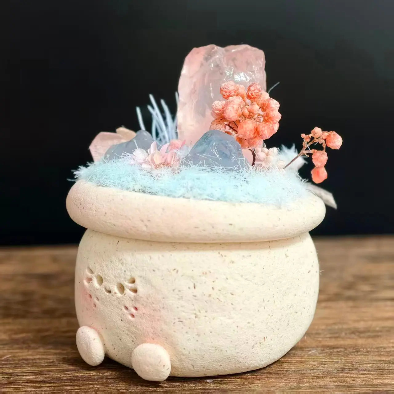 Rose Quartz and Calcite Crystal Pet Planter A Gentle Desk Garden Shinepurity