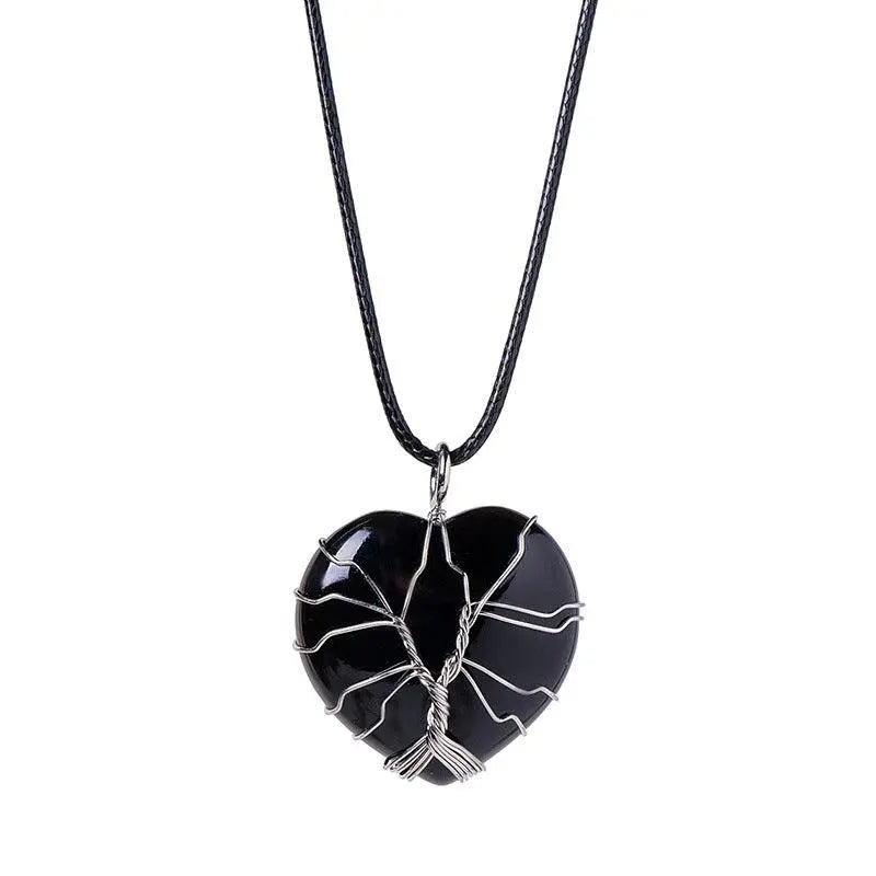 Tree of Life Wire-Wrapped Heart-Shaped Crystal Pendant Necklace - Shinepurity